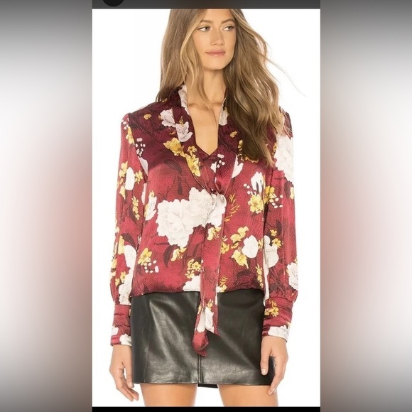 Alice + Olivia Maroon Floral Blouse with Neck Tie - Picture 3 of 13